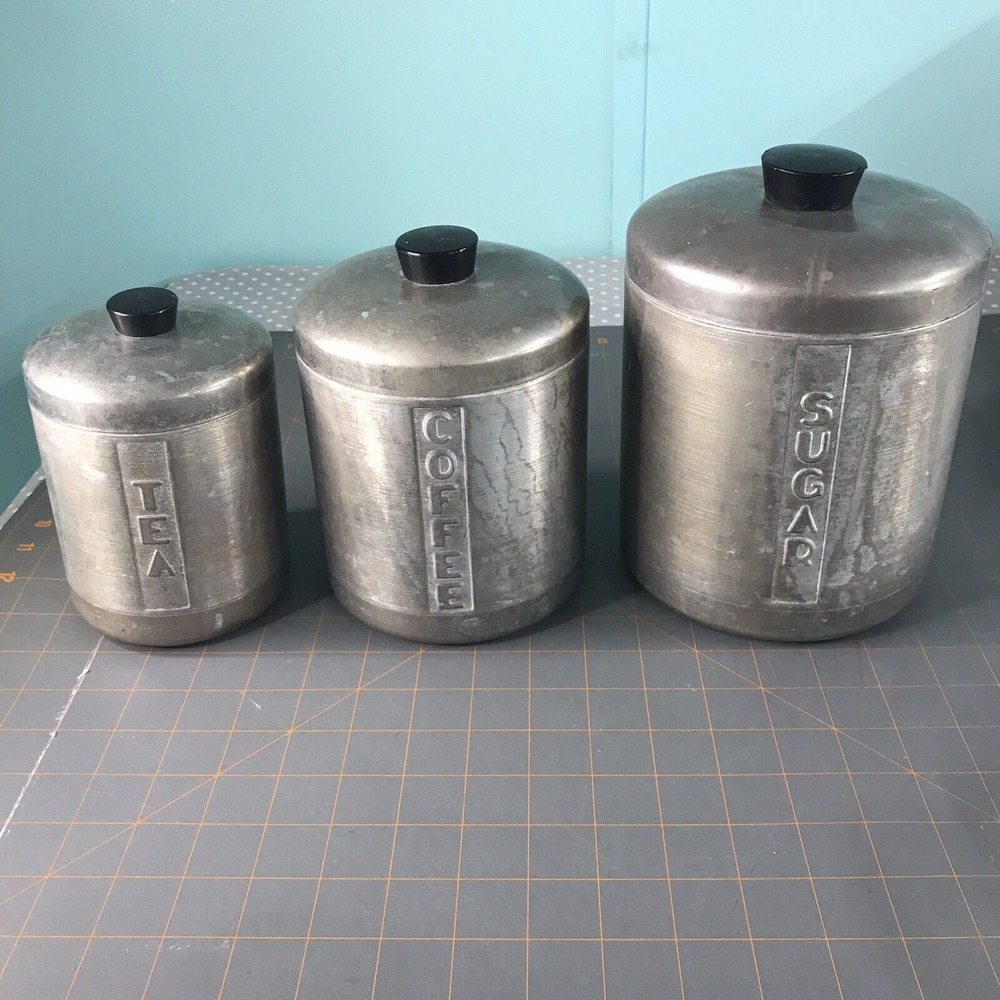 Vintage 1960s Mid‎ Century Chrome Aluminum Canister Set Of 3 Sugar Coffee Tea